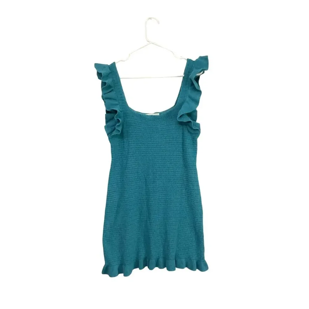 Anthropologie Ruffled Pointelle Knit Mini Dress Square Neck Blue Medium - Picture 2 of 9